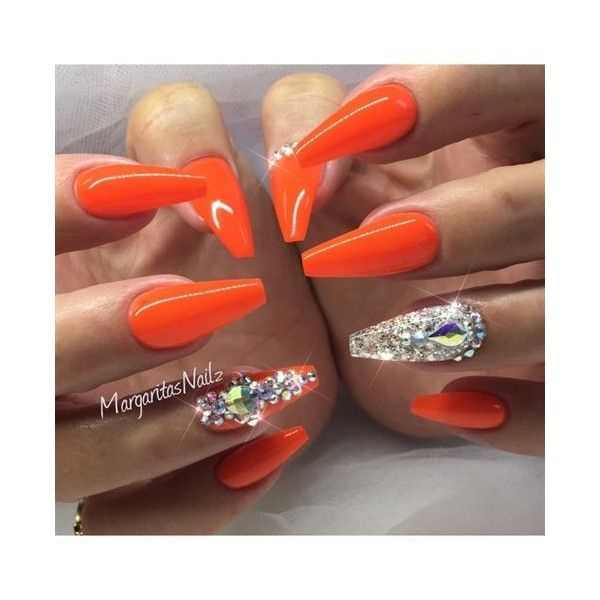 Neon Orange Coffin Nails Nail Art Gallery Liked On Polyvore
