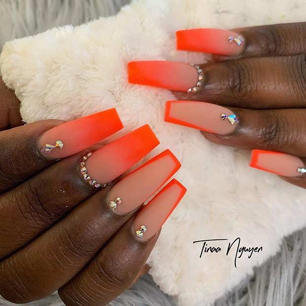 Orange Ombre Nails With Diamonds