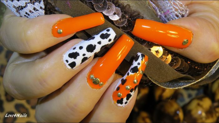 Orange Black White Cow Nails