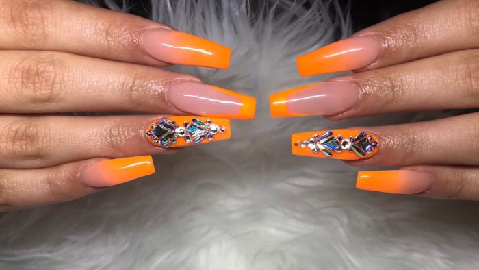 Orange Acrylic Nails With Diamonds