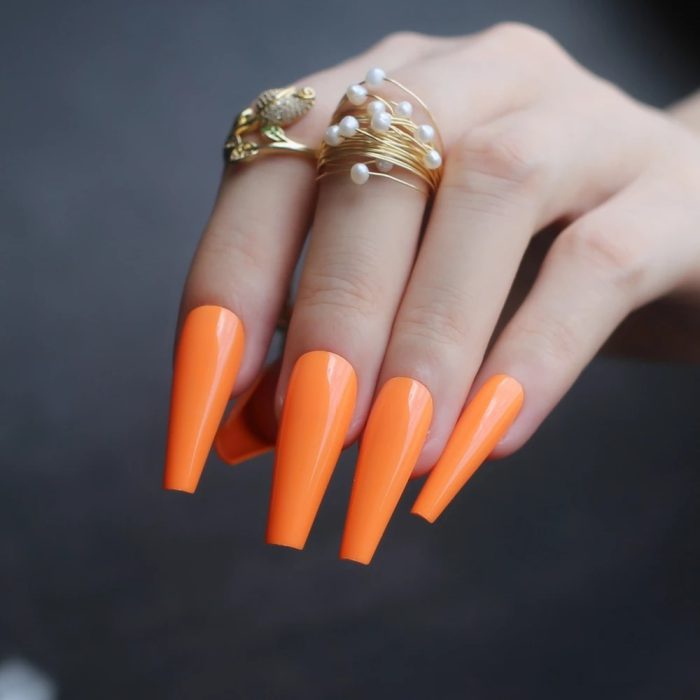 Orange Summer Long Luxury Coffin Neon Red Uv Acrylic Nails White