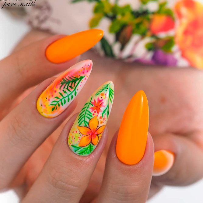 Orange Tropical Leaves Nail Art Lovely Nail Designs For