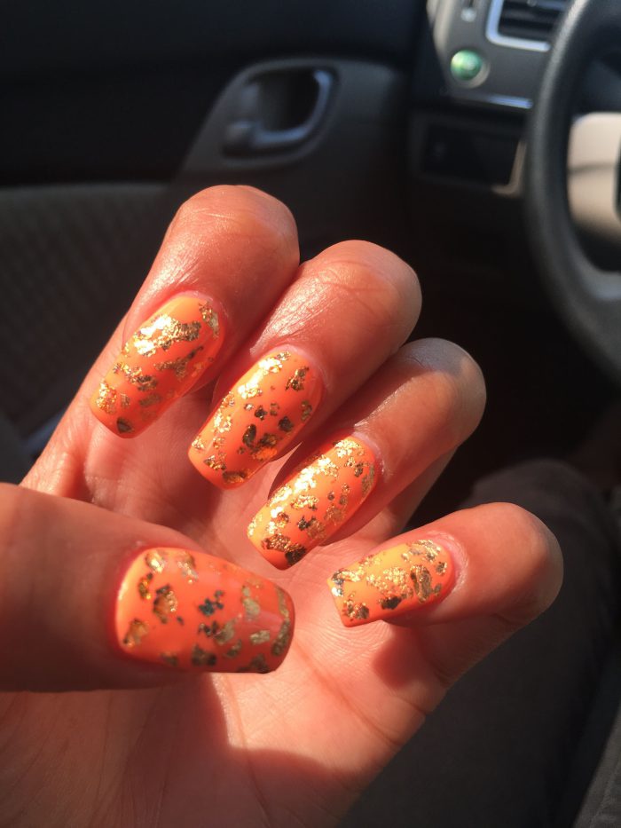 Orange With Gold Flakes Nails