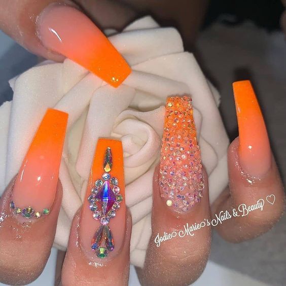 Orange Nails With Rhinestones