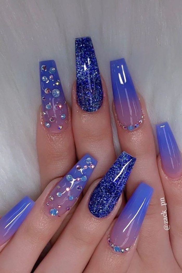 Blue And Purple Ombre Crystal Glitter Nails Nail Art Designs