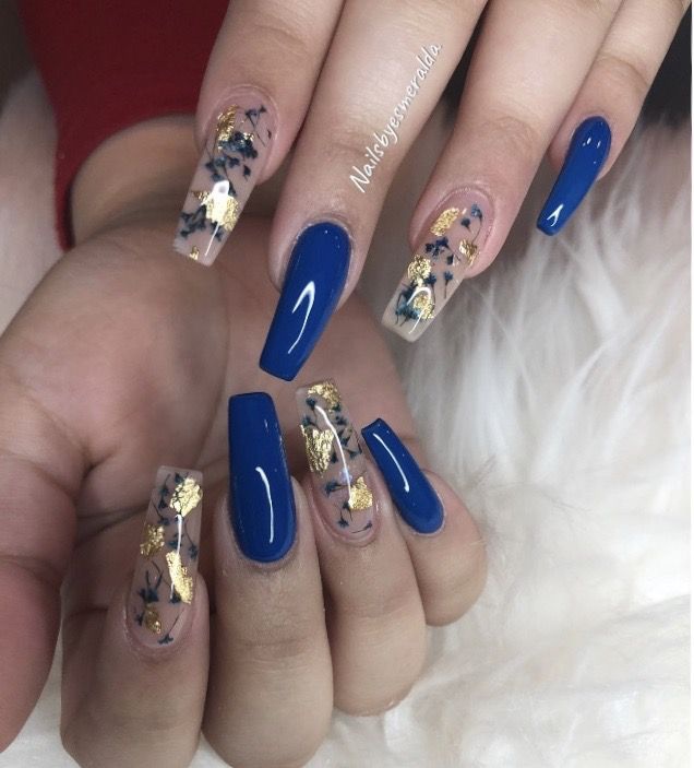 Blue Coffin Nails Gold Flakes And Flowers