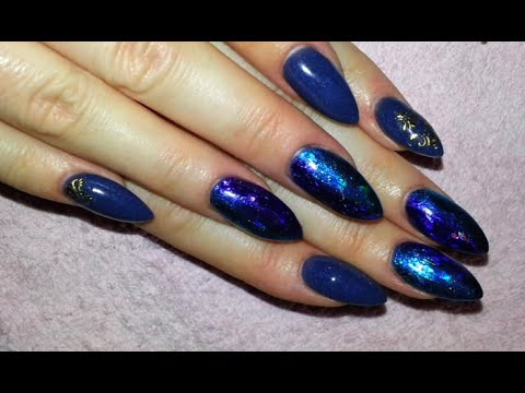 How To Deep Blue Acrylic Powder Almond Shaped Nails With Nail