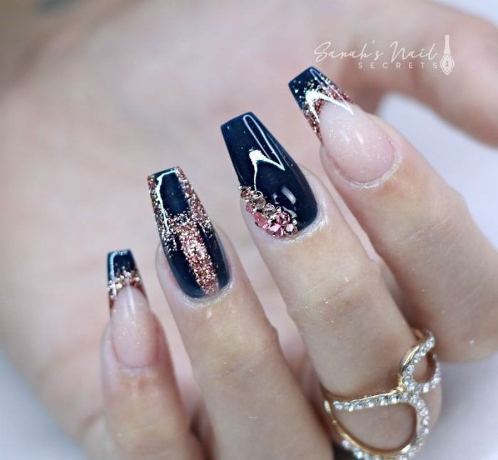 Navy Blue And Rose Gold Nails