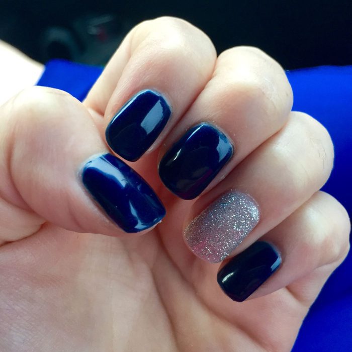 Navy Blue Nails With Silver Glitter Accent Nail