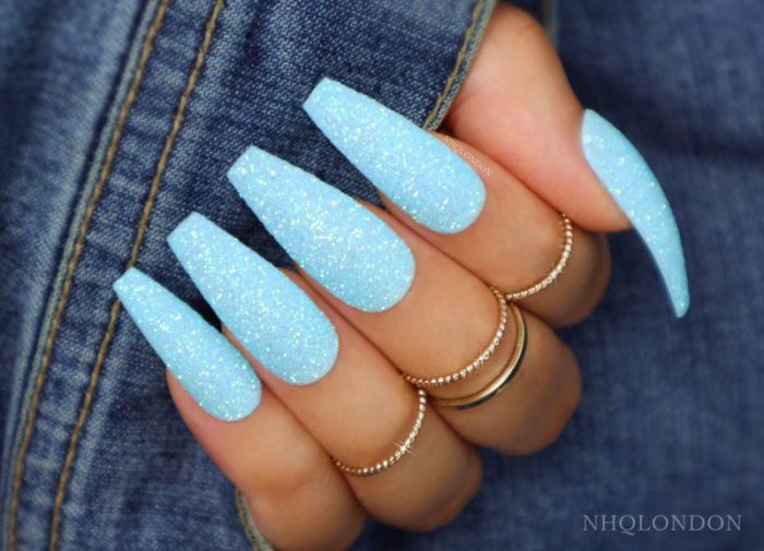 Baby Blue Glitter Long Coffin Nails Super Pretty With An Unreal