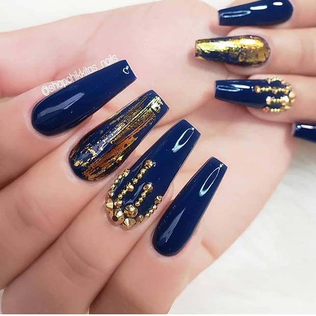 Blue And Gold Nail Design For Coffin Nails Coffinnails
