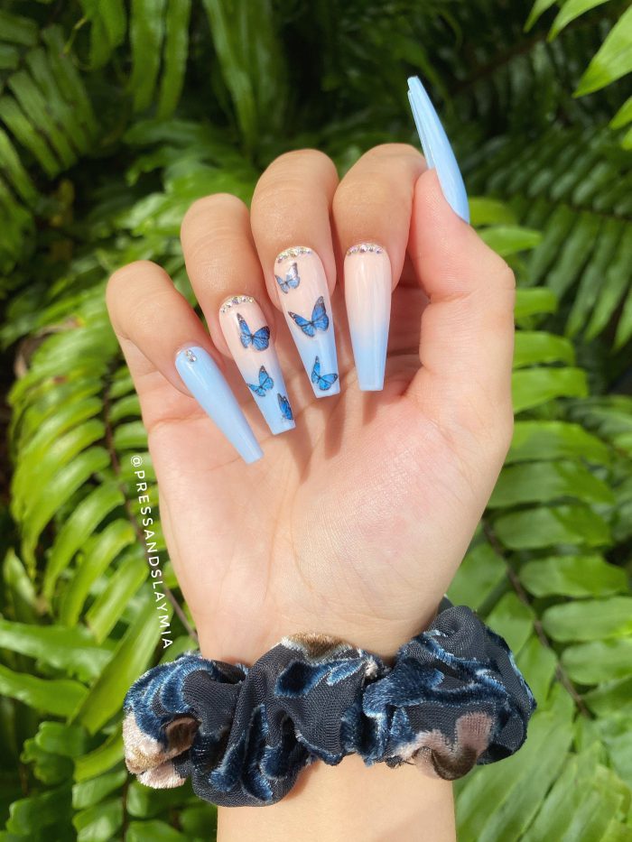 Blue Butterfly Nude Ombre With Rhinestones Custom Press On Nails