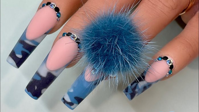 Blue Camo French Acrylic Nails