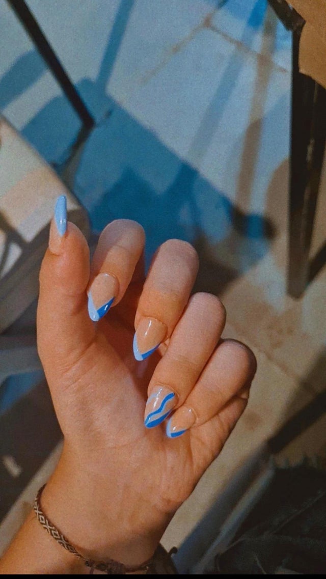Blue French Acrylics With A Wavy Touch Rnails