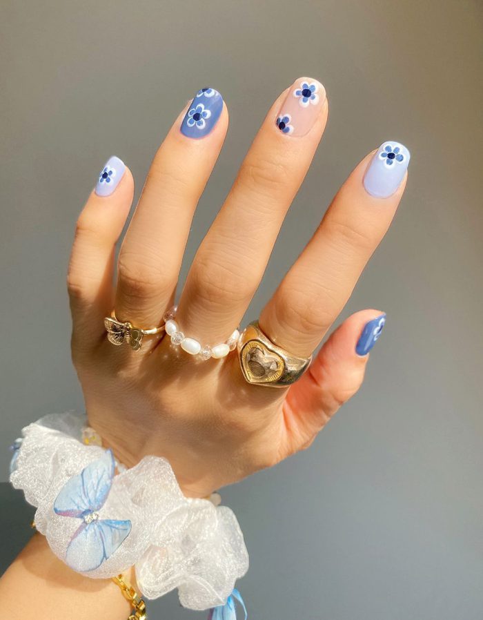 Blue On Blue Flower Nail Art Designs