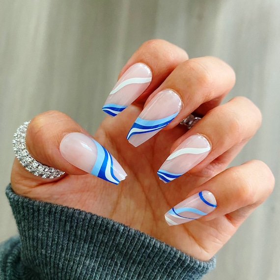 Blue Swirl Coffin Nails Press On Nails Nail Designs