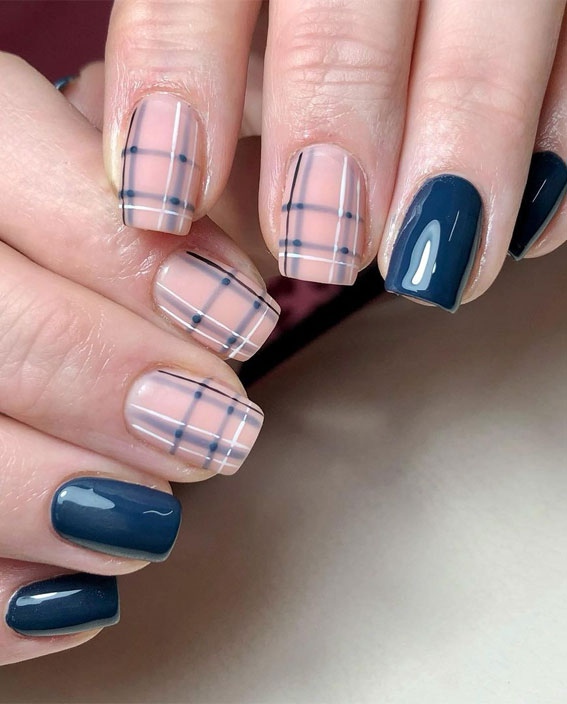 Cute Plaid Nail Designs For Autumn Dark Blue Tartan Nails