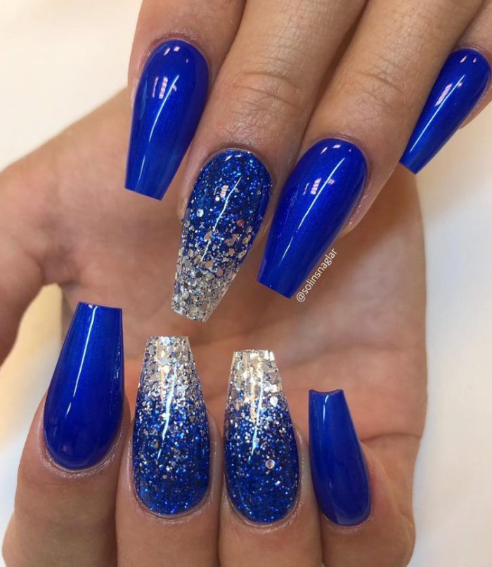 Fabulous Sparkly Giltter Acrylic Blue Nails Design On Coffin