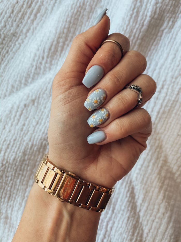 Light Blue Acrylic Nails With Daisy Design