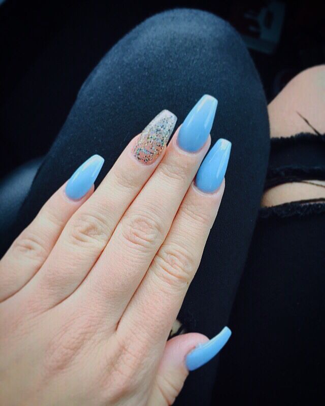 Light Blue And Glitter Coffin Nails Coffin Nails