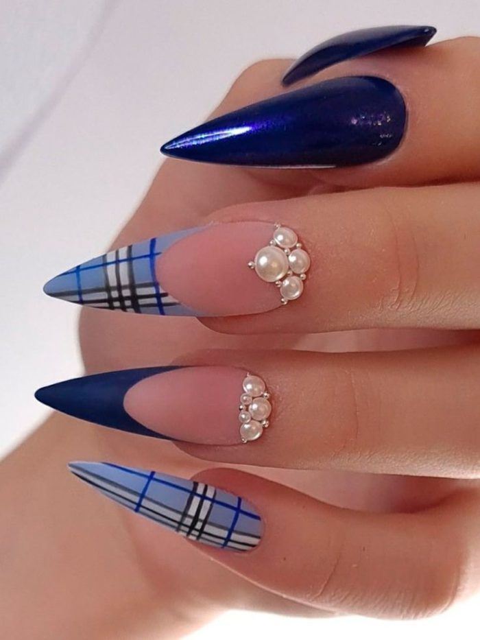 Light Blue Plaid Nails Design