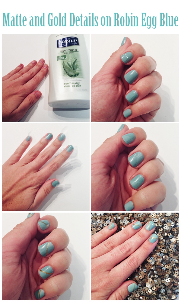 Matte And Gold Accents On Robin Egg Blue Nails