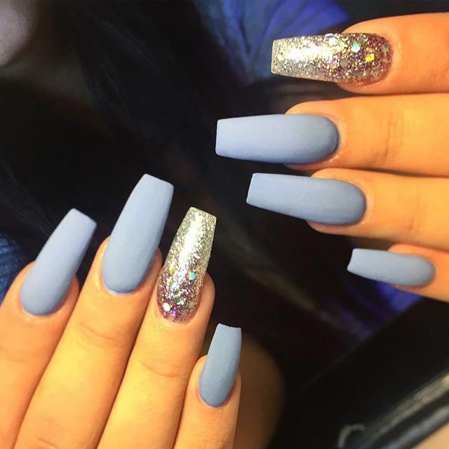 Matte Baby Blue And Silver Nails