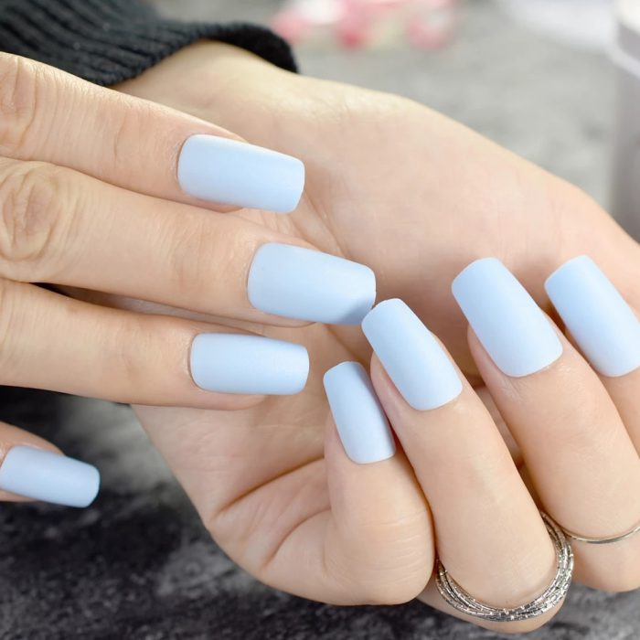 Matte Light Blue Square Head False Nails Middle Long Frosted Fake