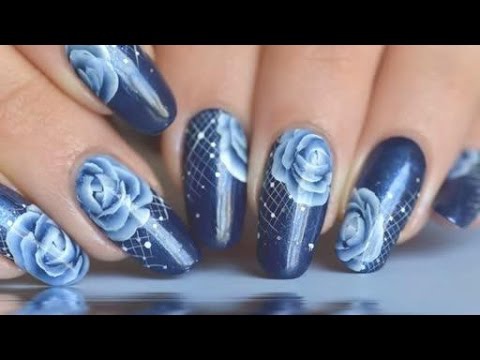 Nail Art One Stroke Blue Roses