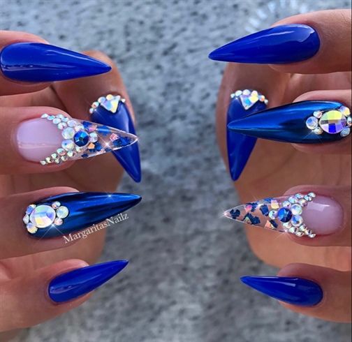 Pointy Royal Blue Diamond Nails