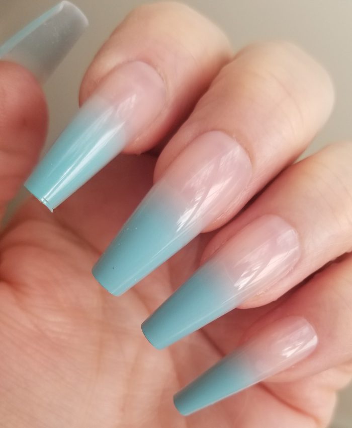 Press On Nails With Blue Fade Ombre Design On Long Coffin