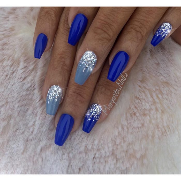 Royal Blue Coffin Nails By Margaritasnailz Silver Glitter Ombr