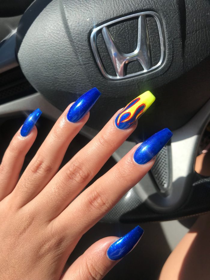 Royal Blue Flame Acrylic Nails