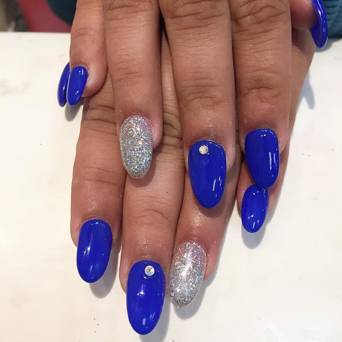 Blue Royal Silver Glitter Nails