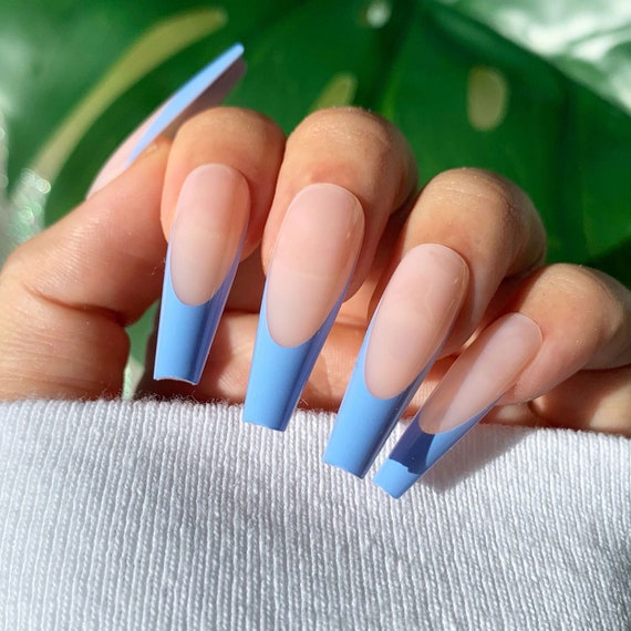 Steel Blue French Press On Nails French Manicure Nails