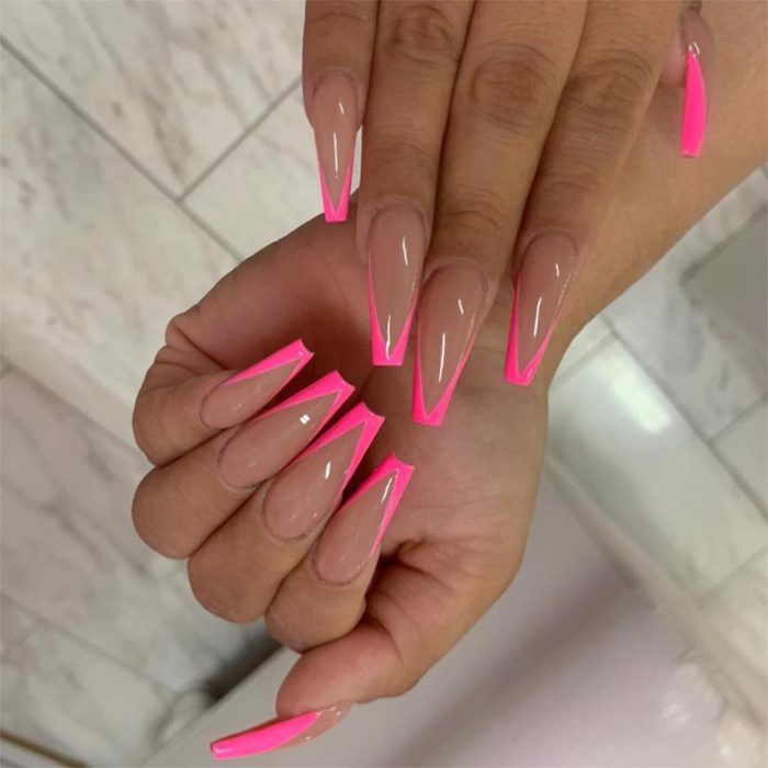 Hot Pink Long Coffin French Tip Press On Nails